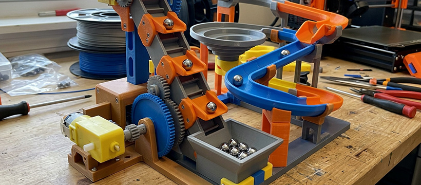 Completed 3D printed Modular Marble Machine with motor, gears and steel ball bearings